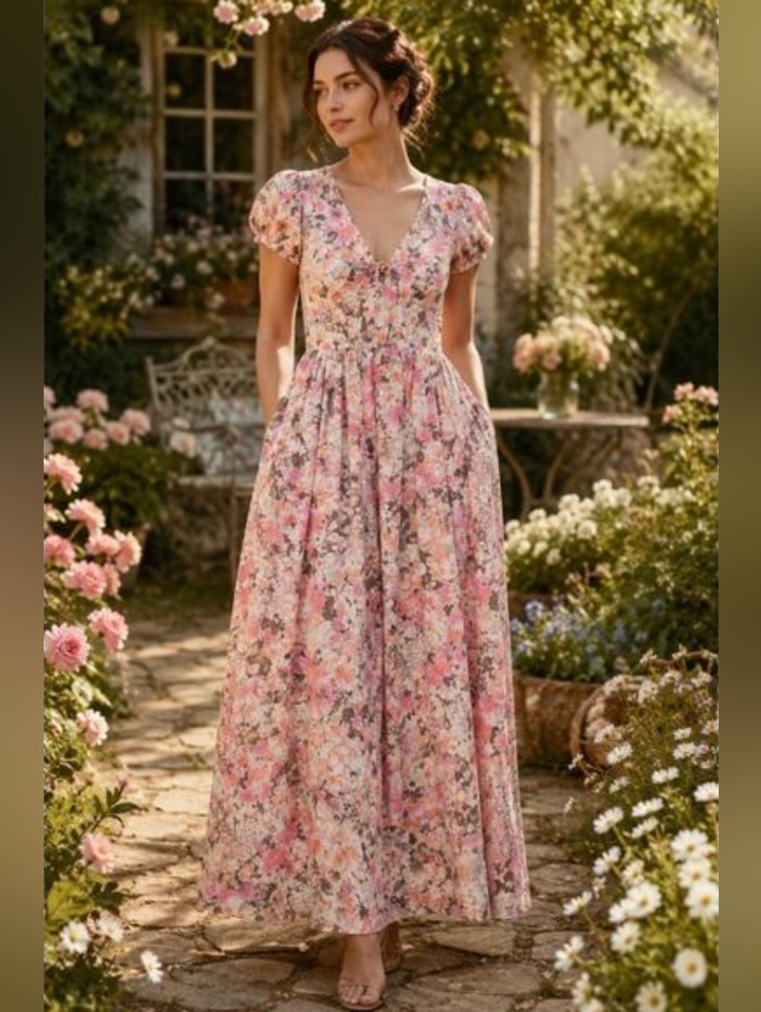 Nwt-Avec Les Filles Linen Blend Fit&Flare Pink Floral Puff Sleeves Maxi Dress-10